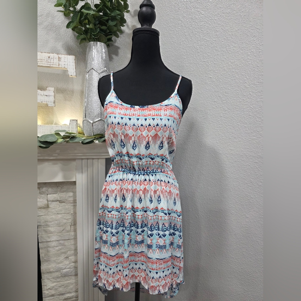 Pink Rose Geometric Print Midi Dress in Blue and Pink